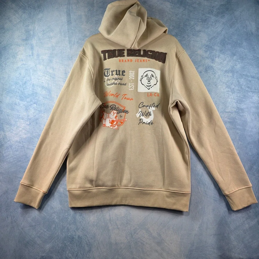 True Religion Mens Applique‎ Multi Zip Hoodie Fog Beige Fleece XXL 701228 NEW